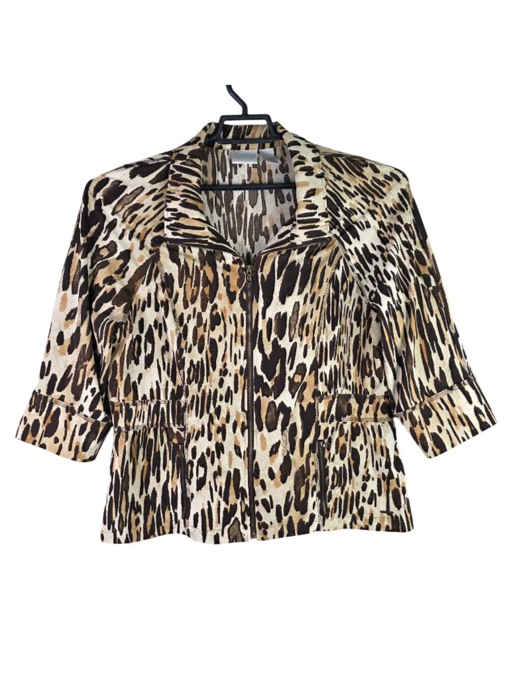 Women Chico's Zenergy Brown Animal Print Full Zip Jacket Mob Wife Medium Size 2